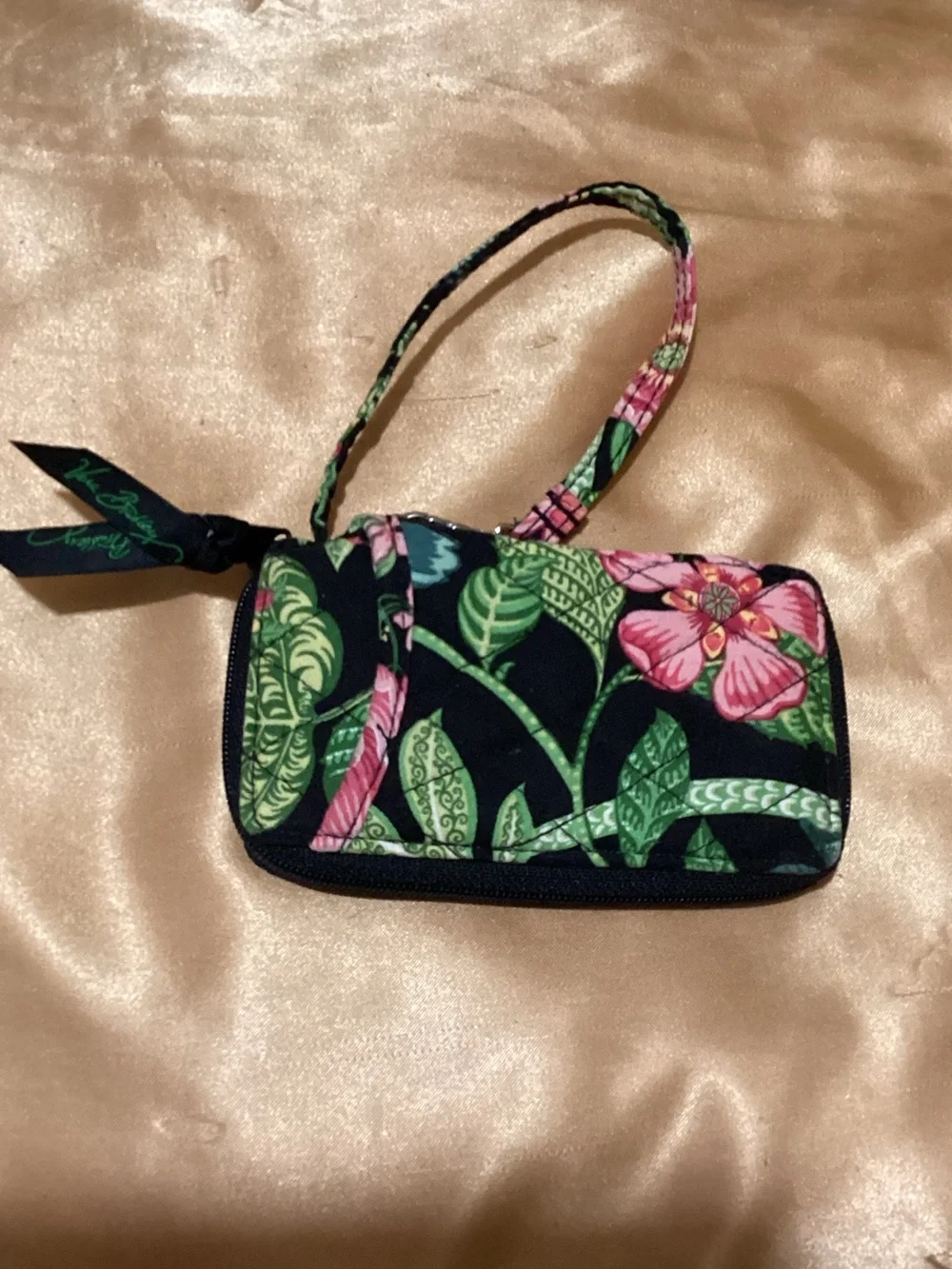 Vera Bradley Black Floral Wristlet Phone Wallet with Green & Pink Leaves